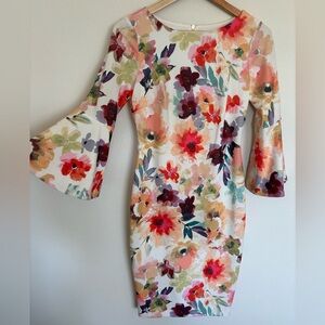 Calvin Klein Vibrant Floral Bell Sleeve Wedding Guest Midi Dress